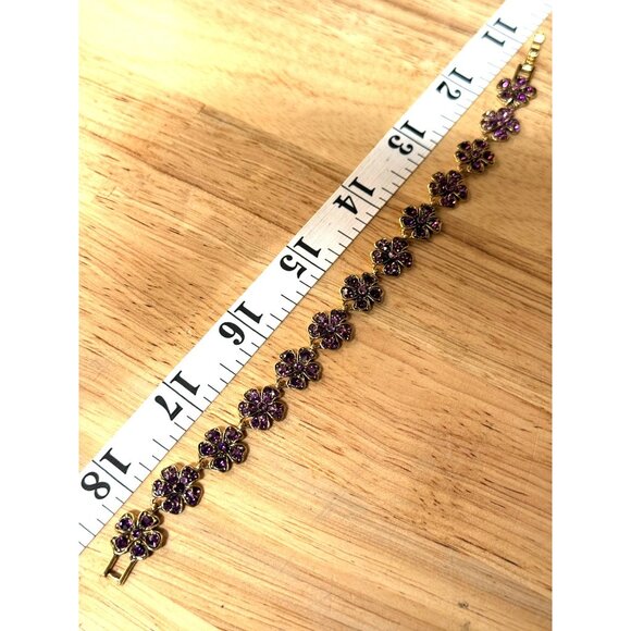 Monet Gold-Tone Floral Bracelet With Purple Rhinestones 7" Fit - Picture 7 of 8